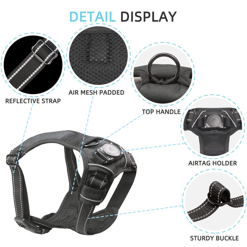 AirTag Dog Harness, Integrated Dog Vest with 100% Waterproof Air Tag Holder, No-Pull No-Choke Reflective Dog Vest Harness with Apple Air Tag Case for Small Medium Large Dogs (Black, S) S:13-25" Black - PawsPlanet Australia