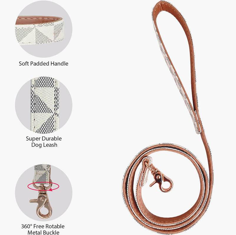 Dog Leather Collar and 4 ft Leash, KUDES Adjustable Basic Collar with Bell Leather Pet Leash Set, Checkered Pattern Durable Leather Collar and Leash with Metal Buckle for Small Medium Large Dogs S(Neck 10-12" ,Width 0.6") Beige