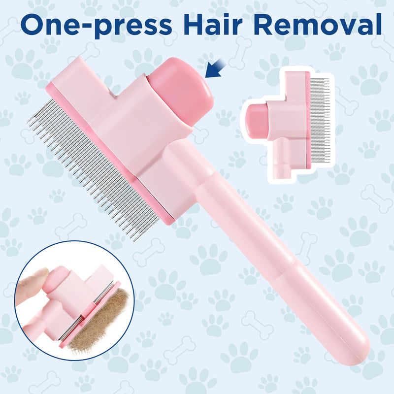 Cat and Dog Comb Pet Hair Removal Tool Flea comb Lice Comb Cat Brush with Release Button Self-cleaning Function, Equipped with Long and Short Stainless Steel Metal Teeth for Hair Removal Pink - PawsPlanet Australia