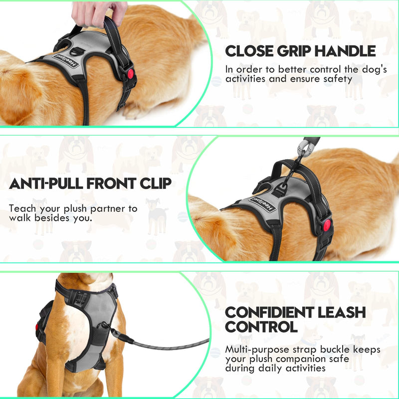 No Pull Dog Harness with A Free Heavy Duty 5FT Dog Leash, Adjustable Soft Padded Dog Vest with Easy-Control Handle, Reflective No-Choke Pet Oxford Vest for Medium Dogs (Grey,M) Grey - PawsPlanet Australia