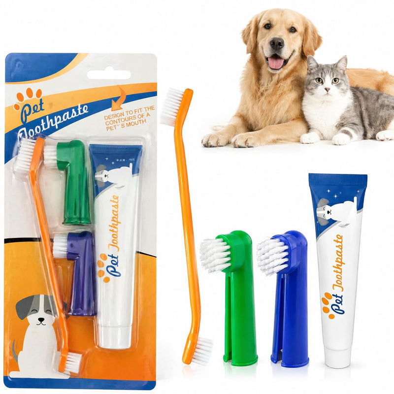 Dog Toothbrush Kit of 4,Pet Supplies with Beef-Flavored Pet Toothpaste,Facilitating Teeth Cleaning and Oral Care, Dual Head/Finger Toothbrush for Small to Large Cats,Dogs and Most Pets