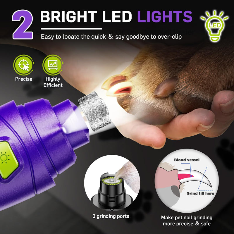 Dog Nail Grinder & Clipper 2-in-1 Set - 25dB Ultra Quiet with 3 Grinding Wheels & 2 LED Lights, Rechargeable for Large/Puppy Dogs & Cats, 3-Speed Adjustable for Anxious Pets Purple - PawsPlanet Australia