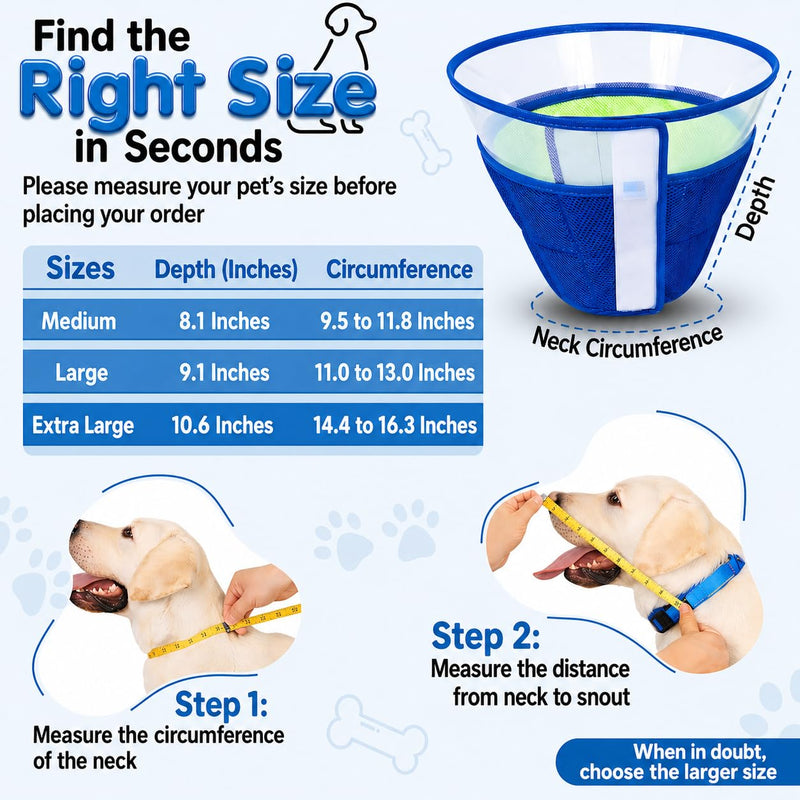 Soft Dog Cone Collar After Surgery – Adjustable Recovery Cone for Medium & Large Dogs – Double-Layer Protective Elizabethan Collar for Wound Protection & Licking Prevention – Comfortable - Blue