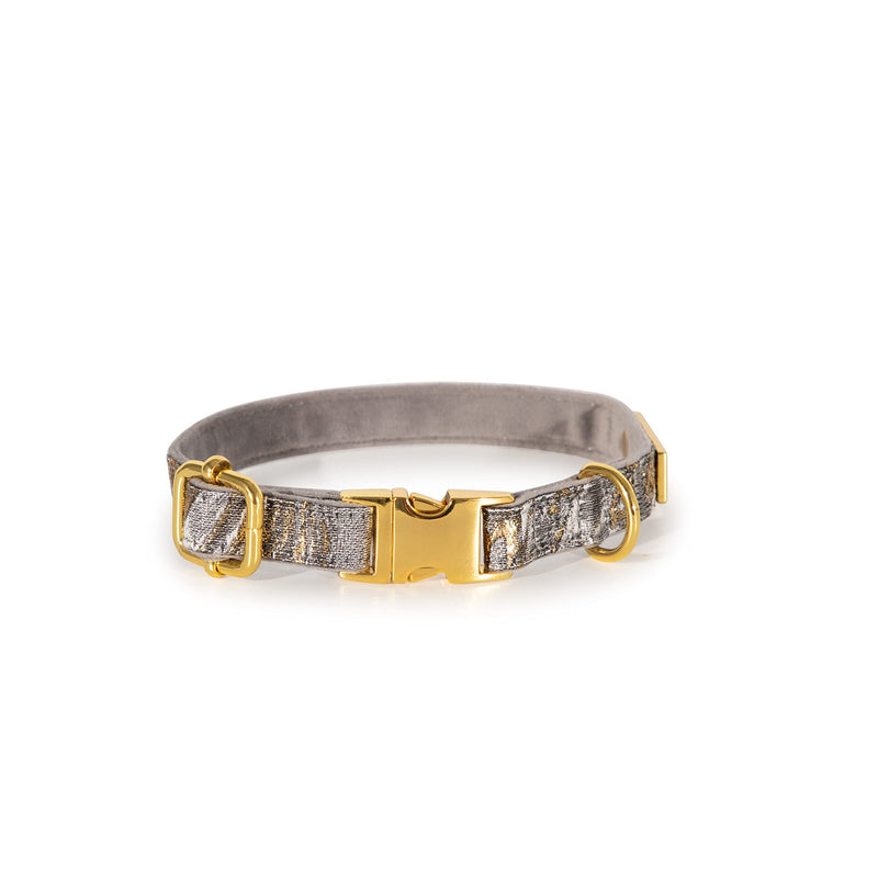 Luxury Occasion Dog Collar With Detachable Bow Tie in Grey Gold Silk (Extra Small) Extra Small