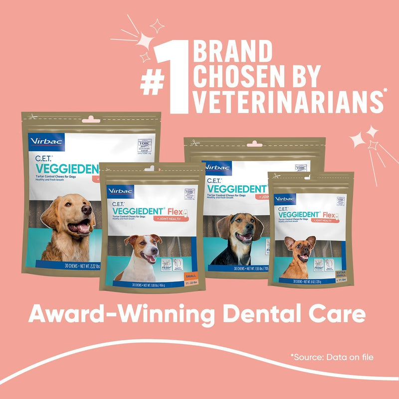 Virbac C.E.T.® VEGGIEDENT® Flex Tartar Control Chews for Dogs - Multifunctional to Support Joint Health, VOHC Approved - Small 11-22lbs - PawsPlanet Australia