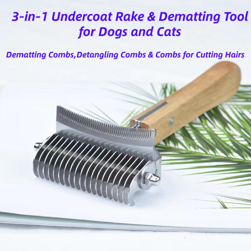 Premium 3-in-1 Dog Brush & Cat Brush (Double-Sided) - Effective Dematting Comb & Undercoat Brush Against Tangles - Safe Fur Changing Aid with Wooden Handle for Dogs & Cats - PawsPlanet Australia
