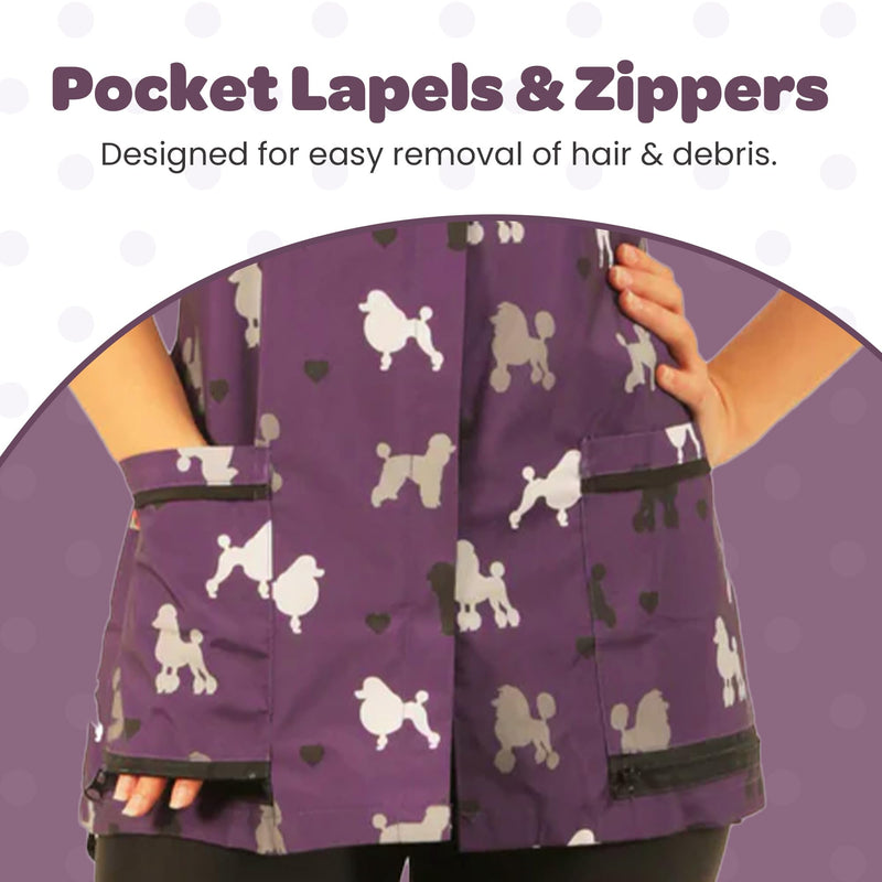 Ladybird Line 710 Purple Poodle Print Waterproof Dog Grooming Smock Hair and Bleach Resistant Covered Zipper Panel Mesh Back 4X-Large - PawsPlanet Australia
