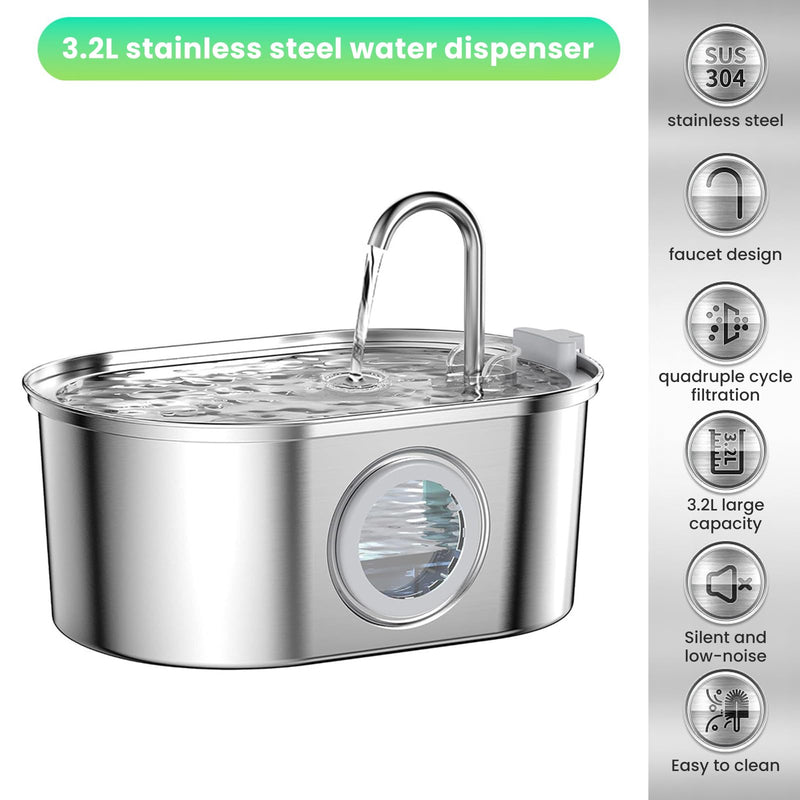 Cat Water Fountain Stainless Steel: 3.2L/108oz Pet Fountain Water Bowl Dog Drinking Dispenser Cat Feeding & Watering Supplies Animal Metal Kitty Spout for Large - PawsPlanet Australia