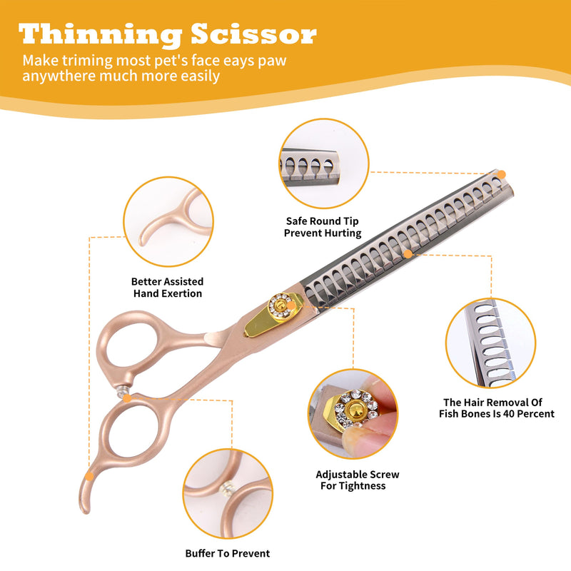 7 Inch Professional Dog Grooming Scissors Kit, 6-in-1 Grooming Scissors for Dogs, Pet Grooming Shears Set, Straight Scissor & Thinning Shear & Curved Scissor & Chunker Shear (Rose Gold) Rose Gold 4 pieces - Professional Kit - PawsPlanet Australia