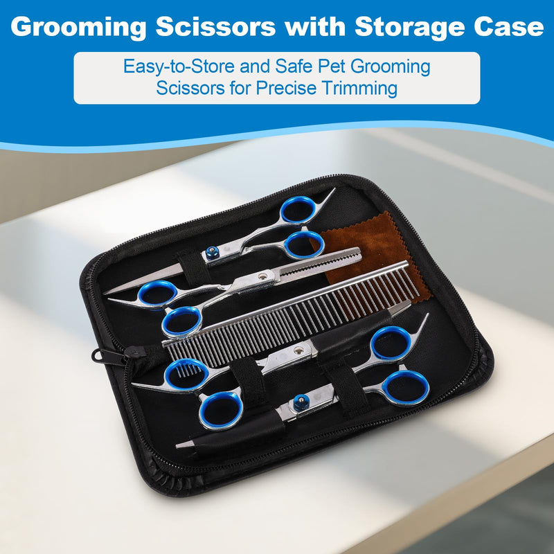 5-in-1 Dog Grooming Scissors Set with Safety Round Tip, Professional Stainless Steel Pet Grooming Kit for Dogs, Cats, Includes Curved, Straight, Thinning Scissors & Comb - PawsPlanet Australia