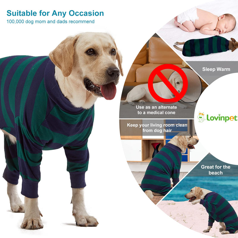 LovinPet Large Dog Pajamas Bodysuit, Lightweight Stretchy Knit Pullover Dog Onesie, Pet Pajamas for Dogs, Green and Black Stripe Print Dog Shirt, UV Protection, Stop Shedding for Dogs, Pet PJ's, 2XL XX-Large Green/Blue - PawsPlanet Australia