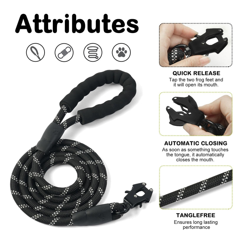 Heavy Duty Dog Leash for Large Dogs, 6FT Reflective Puppy Lead with Upgrade Frog Hook, Strong Secure Bungee Leash for Medium Large Breed Dogs Walking Training (Black) Black - PawsPlanet Australia