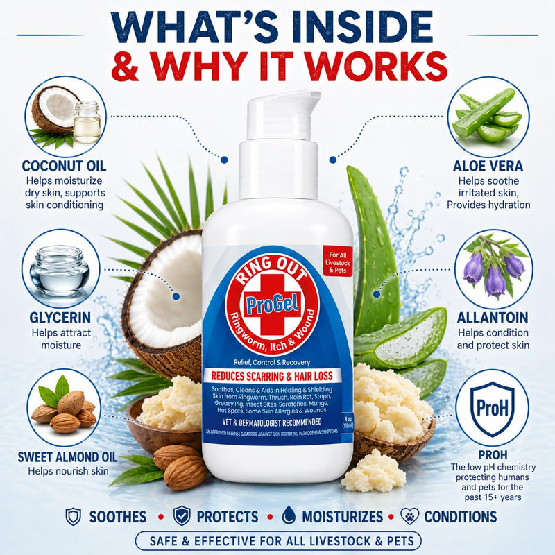 Ring Out ProGel for Sheep, Goats, Cats, Dogs & Horses | Skin & Coat Conditioning Gel with Coconut Oil & Aloe Vera | Moisturizing Formula | Made in USA | 4 oz