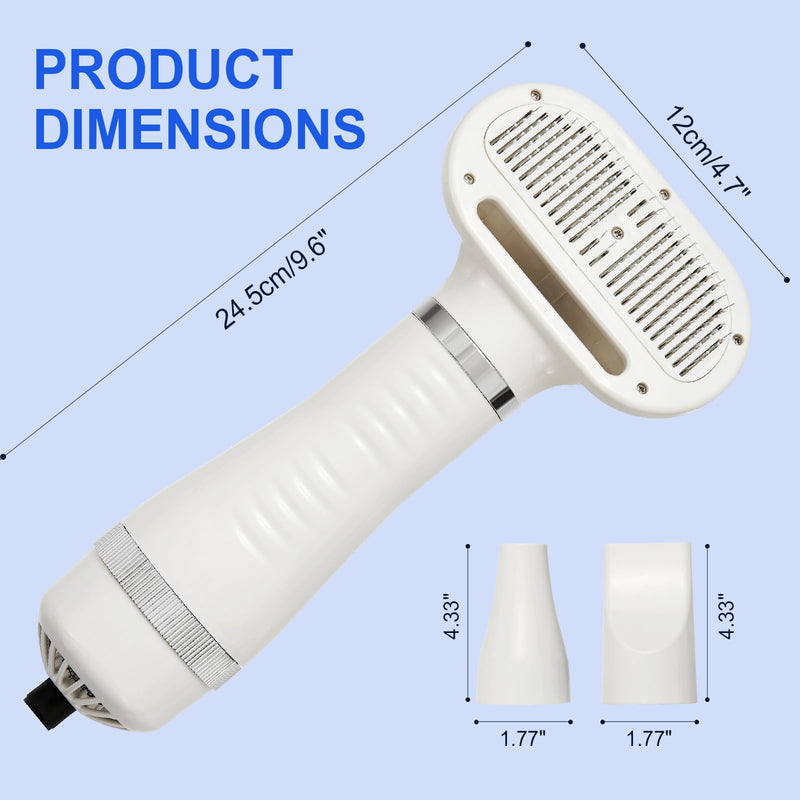 3-in-1 Pet Hair Dryer Brush for Dogs & Cats – Portable Blower & Slicker Brush, Adjustable Temperature, Overheat Protection White