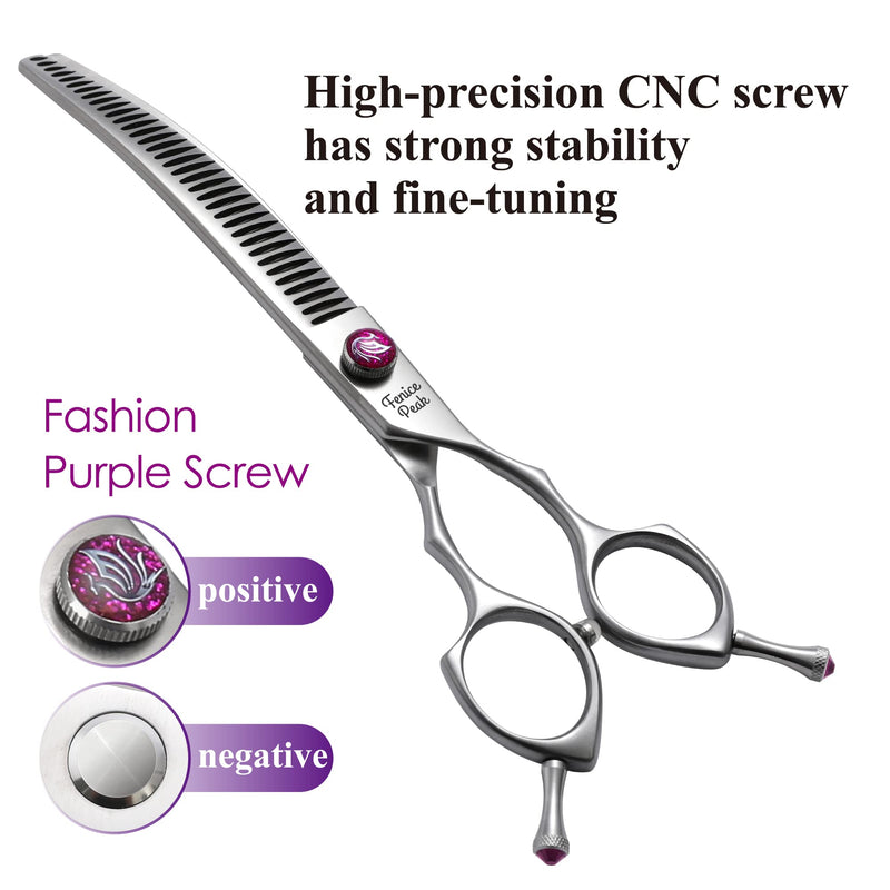Fenice Peak 8.0‘’ Curved Chunker Dog Grooming Scissors with Purple Flashing Screw Professional 440C Stainless Steel Natural Color Pet Trimming Shears with Offset Handle Durable and Sharp 8'' - PawsPlanet Australia