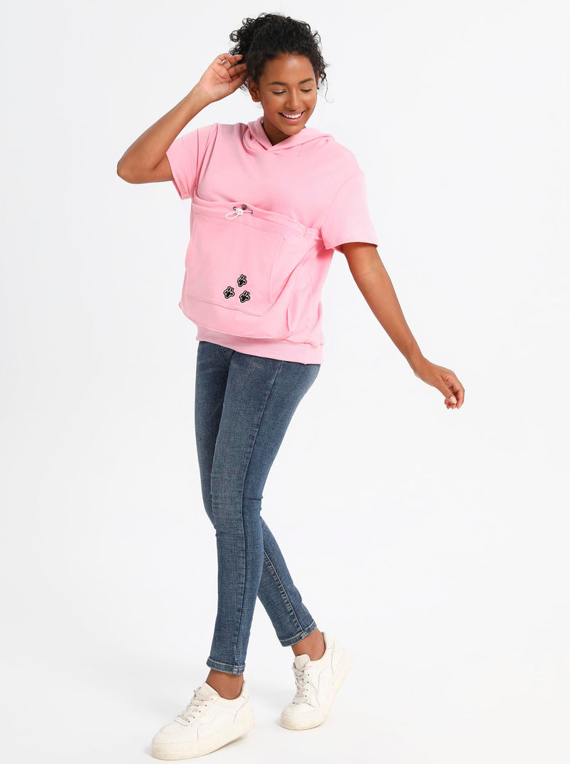 Cat Pouch Shirt Short Sleeve Kitten Puppy Holder Thin Hoodies Pet Carrier Sweatshirt for Women Pink 3X-Large - PawsPlanet Australia