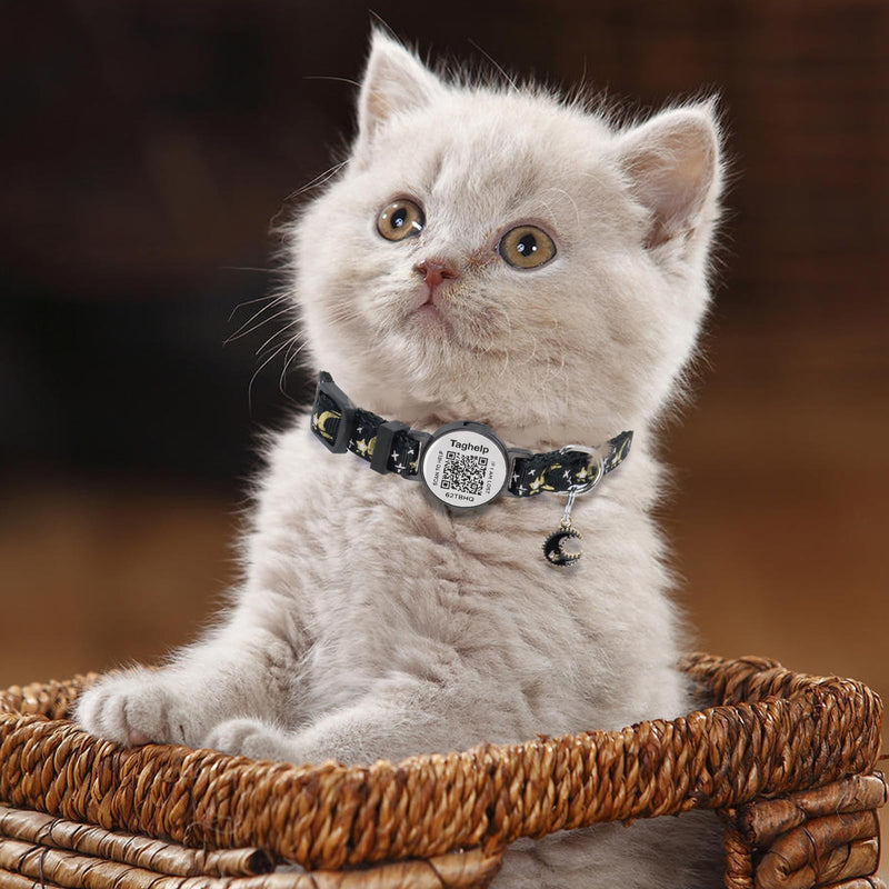 2PCS Breakaway Cat Collars with Moons Stars Cute Kitty Adjustable Safe Kitten Collars with Smart ID QR Code tag,Moon and Star Kitten Safety Collars for Boys & Girls(Black & Purple) Star & Moons - Black & Purple - PawsPlanet Australia