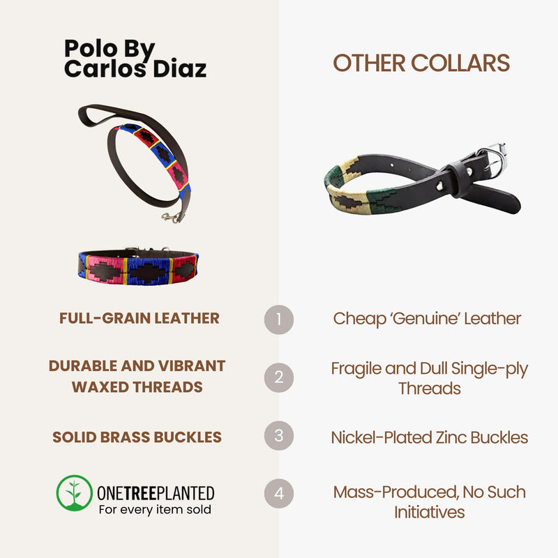 Carlos Diaz Genuine Leather Waxed Embroidered Polo Dog Collar + Free Matching Lead M