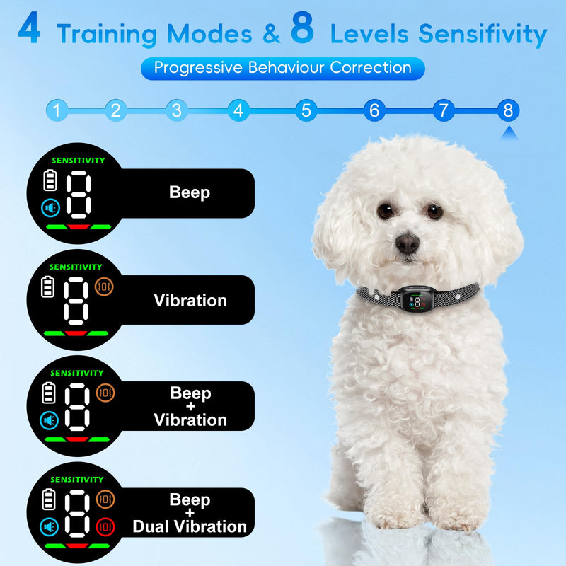 Dog Bark Collar, Tiny Bark Collar for Small Dogs 5-15lbs, Medium, Large Dogs, Automatic Smart Barking Collar with 4 Modes & 8 Sensitivity Levels, IP67 Waterproof No Shock Anti Barking Collar (Black) Black - PawsPlanet Australia