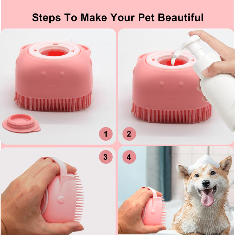 Pet Bath Brush Scrubber, Soft Silicone Shampoo Dispenser with Shower Grooming & Adjustable Ring Handle for Short/Long Haired Dogs and Cats, Pink+Blue 1PCS - PawsPlanet Australia