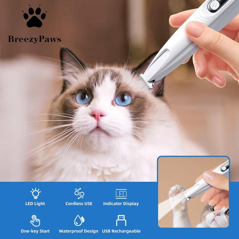 BreeyPaws Cat Clippers Dog Paw Trimmer Grooming Kit,4 in 1 Cat Shaver for matted Fur Claw Silent,Pet Shaver Trimmer for Dogs Cats Paws,2 Speed Battery Display Startup Locked USB Charge Cable (White) White - PawsPlanet Australia