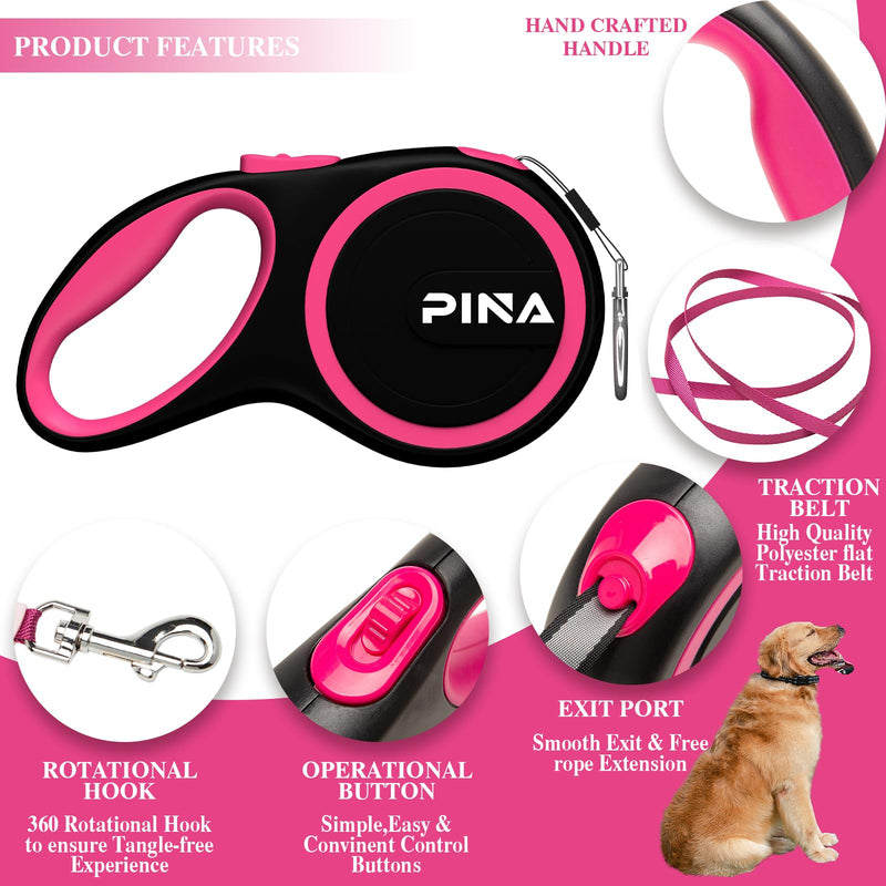 PINA Retractable Dog Leash, 26ft Dog Leash for Small Medium Large Dogs Up to 110lbs, 360° Tangle-Free Strong Reflective Nylon Tape, with Anti-Slip Handle, One-Handed Brake, Lock - Black Pink 26 ft - PawsPlanet Australia