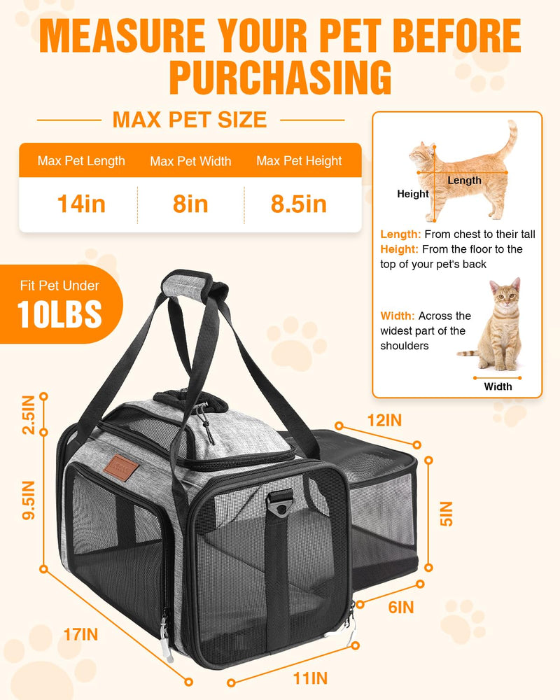 PETUX Top and Side Expandable Pet Carrier for Small Pets Up to 10 lb - 17 x 11 x 9.5 in, Underseat, Soft-Sided Airline Approved Cat Dog Carrier, with Safety Buckle and Anti-Scratch Mesh - Grey - PawsPlanet Australia