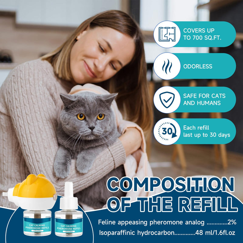 VICSOM Cat Calming Diffuser Kit, Cat Pheromones Calming Diffuser for Cat, 3-in-1 Cat Calm Plug in Kit with 1 Diffuser + 2 Refill, 60 Days Anti Anxiety Relief Stress Effect 1 diffuser+2 refills