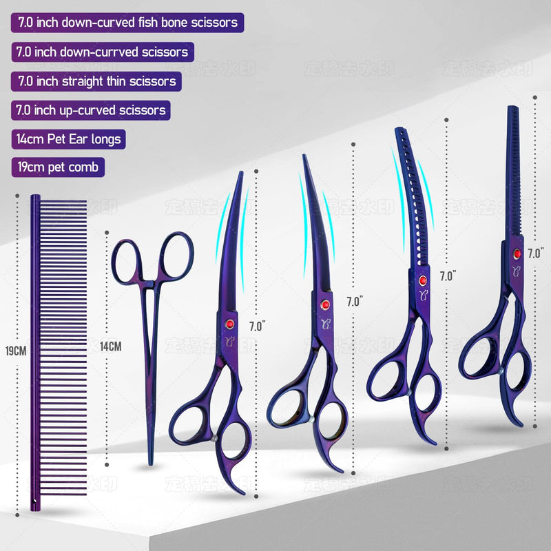 Dog Grooming Scissors,Purple Scissors Curved Scissors with Safety Round Tips,Sharp and Durable 6 in 1 Dog Scissors for Grooming - PawsPlanet Australia