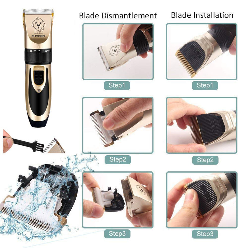 Pet Dog Grooming Clippers - Rechargeable Low Noise Cordless Pet Clippers, Professional Dog Hair Trimmer Grooming Kit with 4 Guide Combs and Cleaning Brush Nail Kits for Dogs Cats Any Animals Gold-1 - PawsPlanet Australia