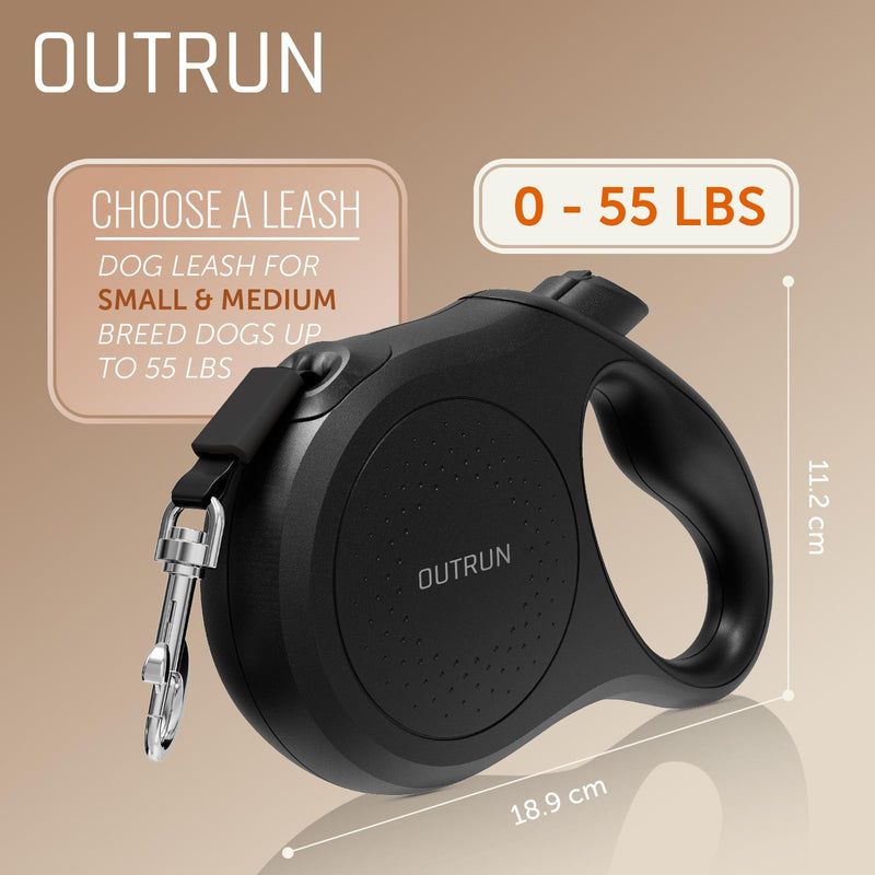 OUTRUN Retractable Dog Leash 16.5 FT Walking Leash up to 55 Lbs, Strong Nylon Tape No Tangle, Heavy Duty One-Handed Brake Lock Perfect for Small & Medium Sized Dogs and Pets Black - PawsPlanet Australia