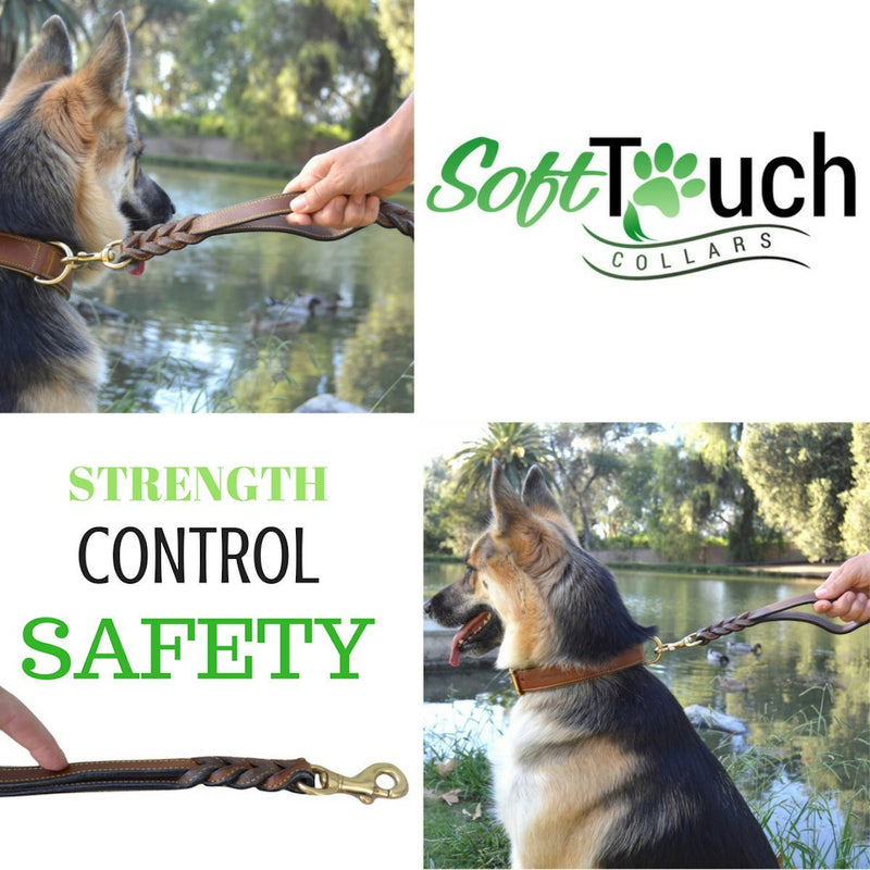 Soft Touch Collars Braided Leather Dog Leash Traffic Handle 6 FT x 3/4 INCH Brown - PawsPlanet Australia
