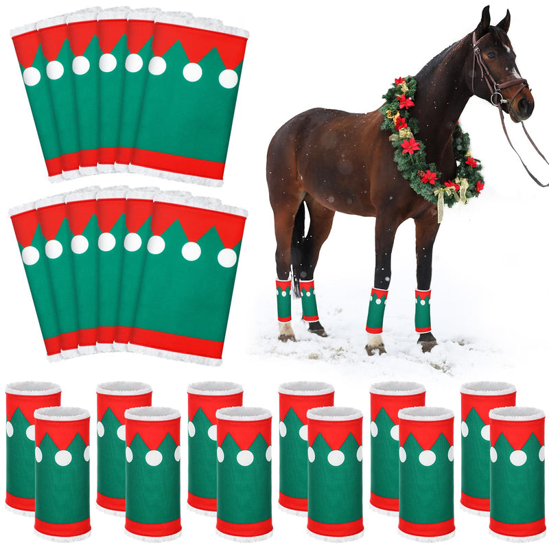 Paterr 12 Pcs Christmas Horse Leg Wraps Faux Fur Polyester Standing Wraps for Horses Sheep Leg Wraps Leg Wraps for Horses Christmas Party Parades Supplies (Elf Style) Elf Style