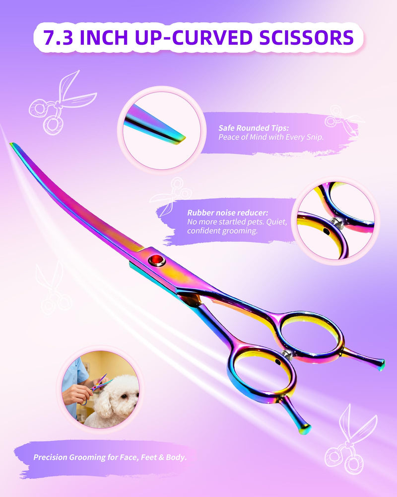 7.3" Dog Grooming Scissor - Professional Down-curved Shear with Ergonomic Handle Stainless Steel Hair Shears for Dogs, Cats and Other Pets - Pet Hair Trimming Scissor(Curved, Iridescent) - PawsPlanet Australia