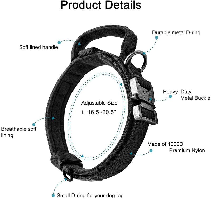 Tactical Dog Collar and Leash Set: Adjustable Nylon Collar with Handle, Shock Absorbing Retractable Leash for Medium Large Dogs, Airtag Holder, Patches L Black-SET - PawsPlanet Australia