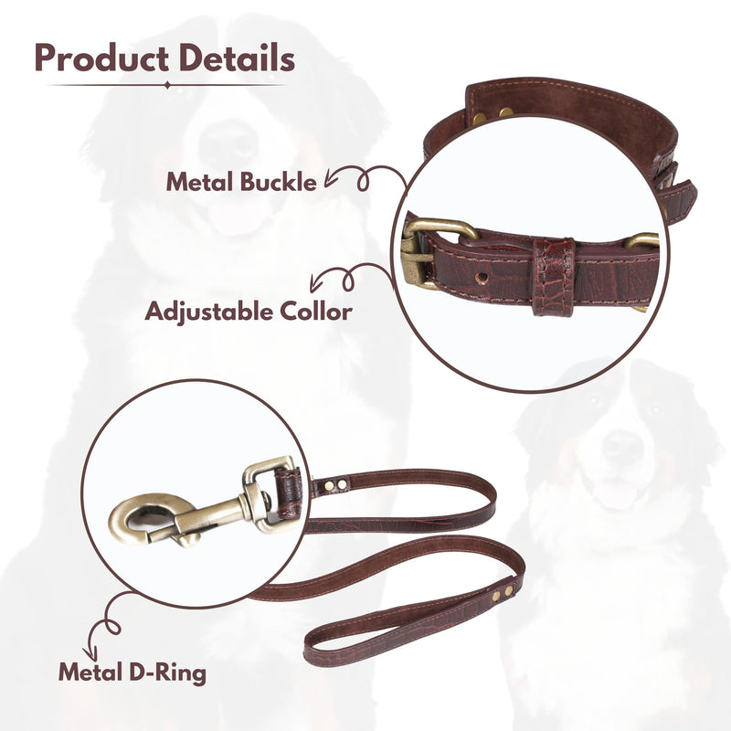 Lightnpro Genuine Leather Dog Collar & Leash Set - Adjustable 24" Collar with Metal Buckle + Durable Lead - Premium Walking & Training Gear for Large Breeds (German Shepherd, Bernese, St. Bernard) 24 Inch Collar Dark Brown