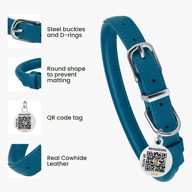 BRONZEDOG Rolled Leather Dog Collar for Small Medium Large Dogs with QR ID Tag (M: 14-16 Inch, Ocean Blue) M: 14 - 16 Inch