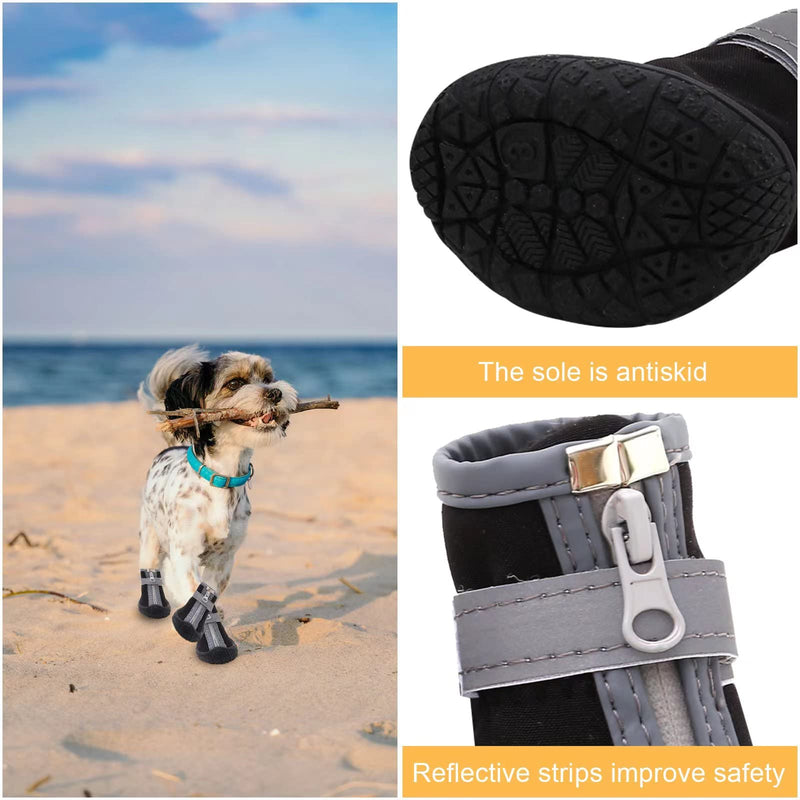 Dog Shoes for Small Dogs, Puppy Dog Boots & Paw Protector for Winter Snow Day, Summer Hot Pavement, Waterproof in Rain Weather, Ourdoor Hiking, Indoor Hardfloors with Anti Slip Sole 4PCS/Set Black-Grey #2 (width 1.29 inch) for 6.5-10 lbs