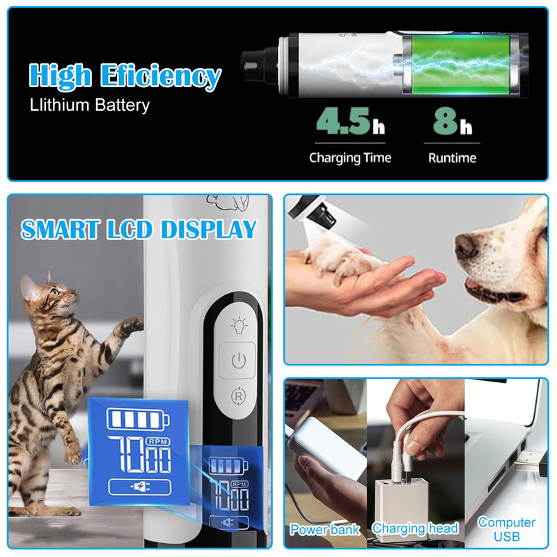 PASHOP Dog Nail Grinders, LED Dog Nail File with 2 Grinding Heads & 3 Speed, Rechargeable Low Noise Dog Claw Grinder for Dogs, Cat