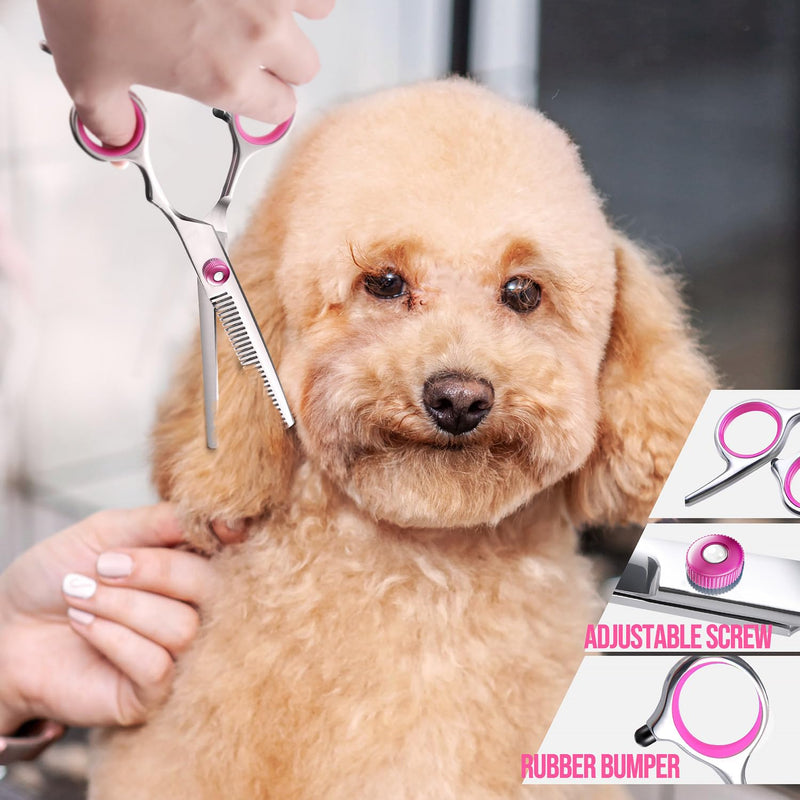 Gimars Dog Grooming Scissors Kit Professional 4CR with Safety Round Tip, 5 in 1 Heavy Duty Titanium Coated Thinning & Curved & Straight Shears Pink [5-in-1]