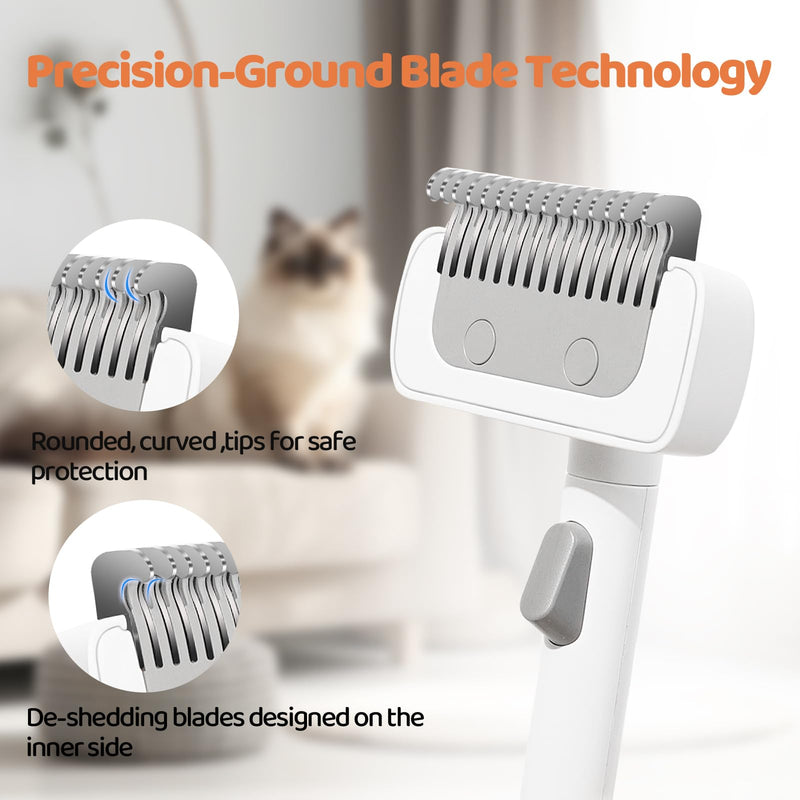 Furgo Cat Brush for Long Haired Cats, Pet Grooming Brush for Matted Fur & Loose Hair, One-Click Hair Removal, Skin-Friendly, Deshedding & Dematting Comb for Cats & Small Dogs White - No Spray Comb