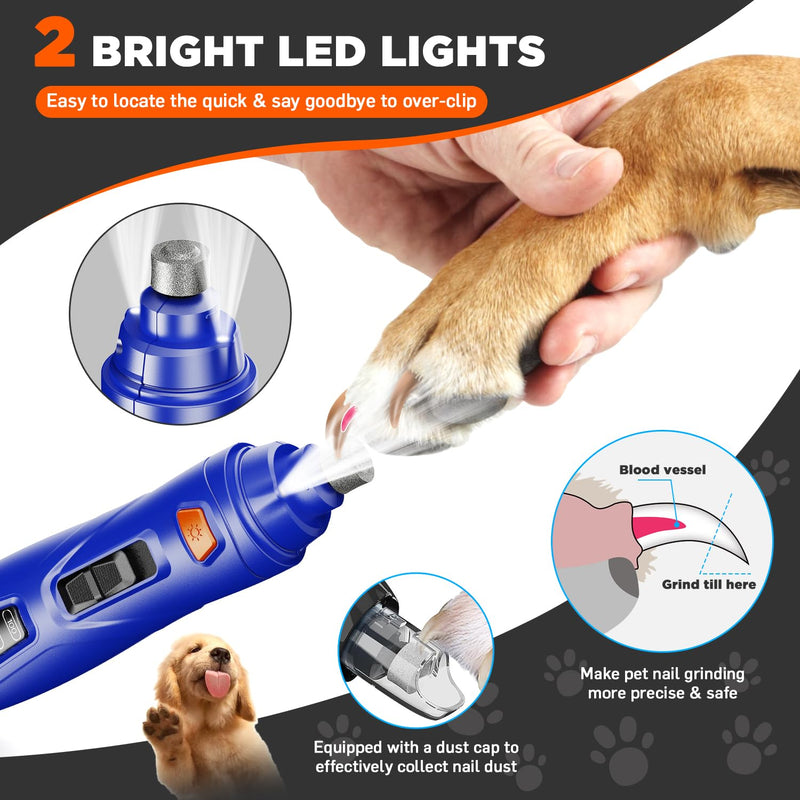 Dog Nail Grinder Dog Nail Trimmers Quit with 2 Lights 3-Speed 3 Grinding Bits 3 Grinding Ports Rechargable Dog Nail Clippers for Large Small Dogs Cats-A Light Blue/Red - PawsPlanet Australia