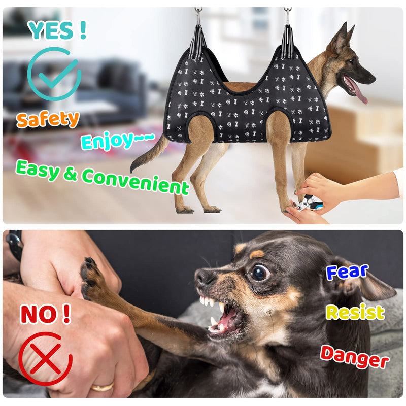 Pet Grooming Hammock Harness with Nail Clippers/Trimmer, Nail File, Comb, Cute Printed Breathable Cats & Dogs Hammock Sling for Grooming (XL, Black) XL - PawsPlanet Australia