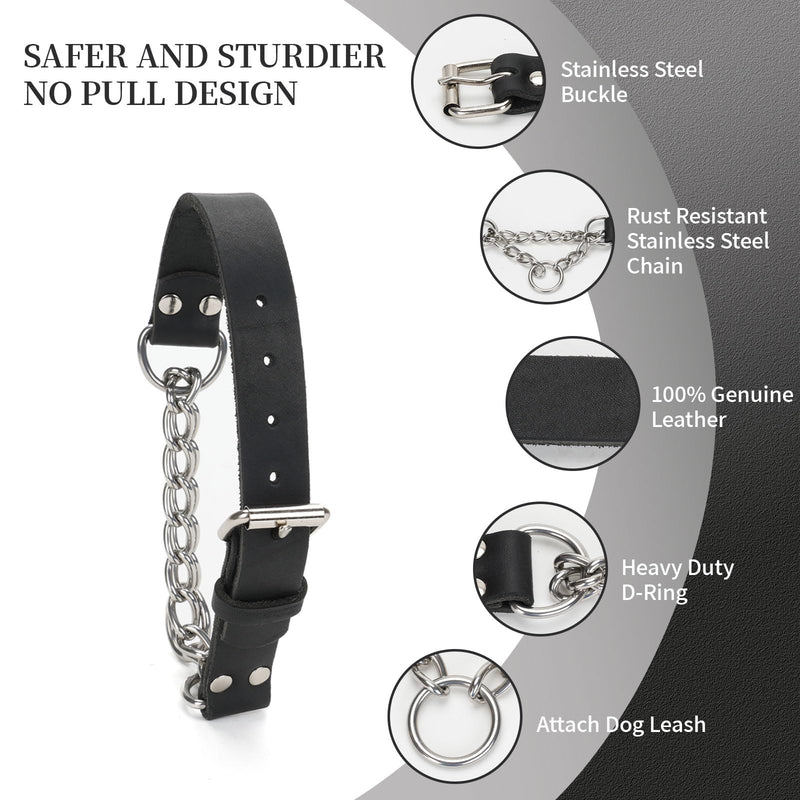Leather Martingale Dog Collar No Pull Design Limited Stainless Steel Chain Cinch Training Dog Collar Adjustable Training No Slip Dog Collar for Large Dogs(Black Neck 15"-19.7") Black Large( Neck 15"-19.7", Width 1") - PawsPlanet Australia