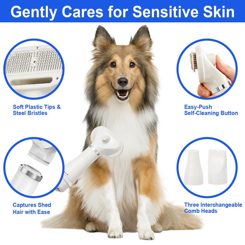 3-in-1 Pet Hair Dryer Brush for Dogs & Cats – Portable Blower & Slicker Brush, Adjustable Temperature, Overheat Protection White