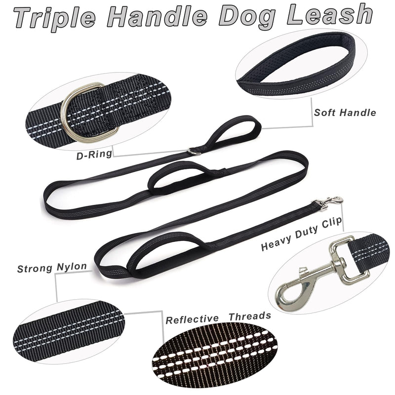 8 ft Three Handle Dog Leash, Strong Nylon Reflective Triple Handle Dog Lead, 3 Traffic Handle Leash for Medium Large Dogs Walking Control Safety Training (Black) 8FT* 1 inch black