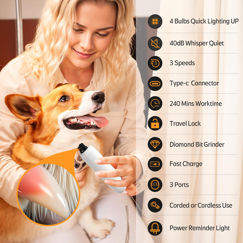 YABIFE 4-Lights Dog Nail Grinder, Easy Quick Locate Dog Nail Trimmers, for Puppy Paw Toenails or Pets from Small, Medium to Large, with Travel Lock, Whisper Quiet, Heavy Duty 3 Speeds C - White - PawsPlanet Australia