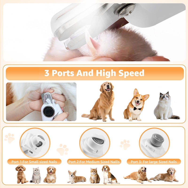 2-in-1 Dog and Cat Nail Grinder and Clipper - 3-Speed Adjustable Electric with Manual Head, Quiet Motor and LED Light for Safe Trimming, Professional Grooming Tool for All Pets