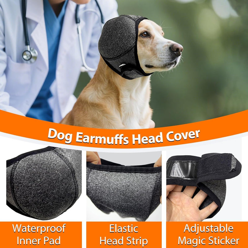 Dog Calm Hoodie Ear Wraps for Dogs, Waterproof Dog Swim Cap, Ear Cover Muffs for Anxiety Relief Noise Cancelling, Dog Head Warp Ear Protection for Hematoma Fireworks Bath Swim Blow Drying(S,Greyd) Small(Head Circle:10"-15") GREY