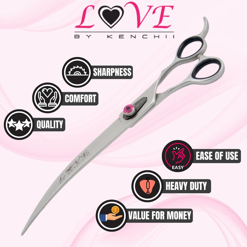 Kenchii Love Left Handed Dog Grooming Scissors, 9 Inch Curved Shears, Dog Scissors for Grooming, Professional Pet Grooming Scissors, Ergonomic & Comfortable 9.0" Curved - PawsPlanet Australia